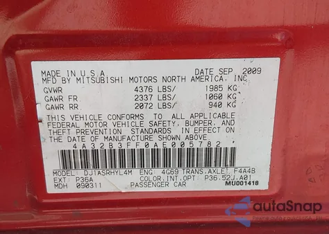 2010 Mitsubishi Galant Es/Se z USA, uszkodzony, nr VIN 4A32B3FF0AE005782